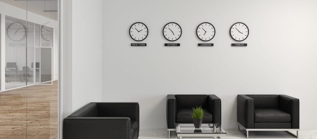 Modern office waiting room with soft black armchairs and a glass and white walls. Clocks with world cities time on them. Concept of business and cooperation. 3d rendering